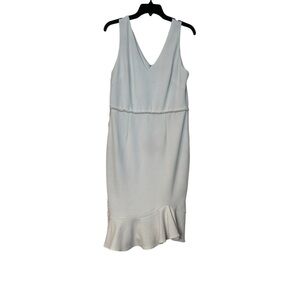 Betsey Johnson Dress White Crepe Flounce Hem V-Neck Pearl Trimmed Size 10